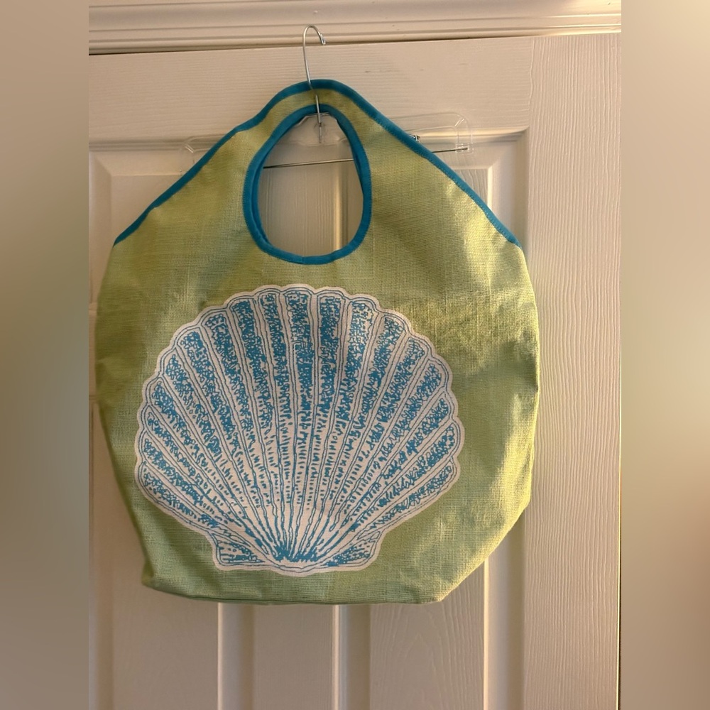Mud Pie Mint Green Textured Beach Tote with White Shell Logo